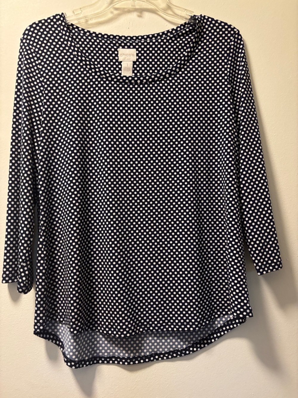 Chico's Navy and White Polka Dot Long Sleeve Scoop Neck Top